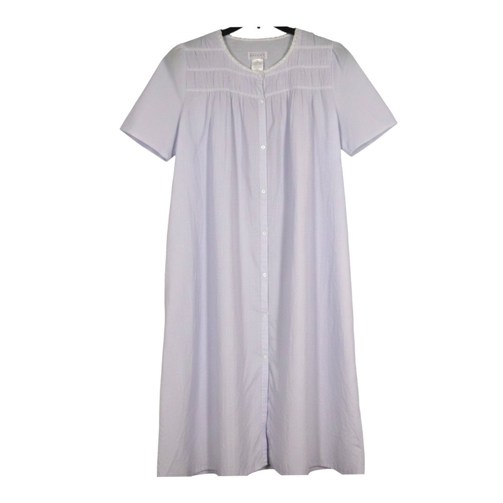 CELESTIAL DREAMS By KOMAR Blue Stripes TWILL Lace/Smocked SNAP Lounge ROBE Sz L